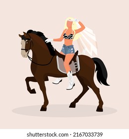 Cowboy bride blonde. Girl with veil and boots on a horse.