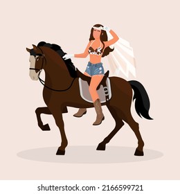 Cowboy bride. Girl with veil and boots on a horse.