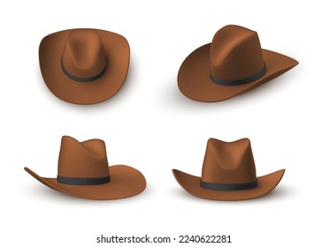 Cowboy brown hat different view set realistic vector illustration. Male wild west American traditional headdress accessory western rodeo cap with fields. Vintage costume traditional rancher style