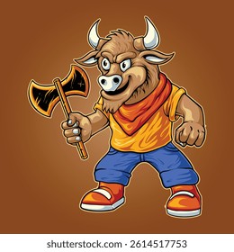 Cowboy Bull Character Cartoon for your work logo, merchandise t-shirt, stickers and label designs, poster, greeting cards advertising business company