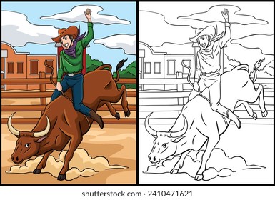 Cowboy Bull Rider Coloring Page Illustration svg