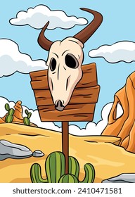 Cowboy Bull Skull Colored Cartoon Illustration