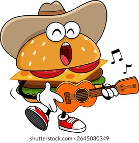 Cowboy Burger Cartoon Character Singing and Playing Guitar – Vector Hand Drawn Illustration Isolated On Transparent Background