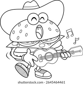 Cowboy Burger Cartoon Character Singing and Playing Guitar – Black and White Vector Hand Drawn Illustration Isolated On Transparent Background