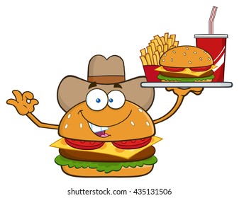 Cowboy Burger Cartoon Mascot Character Holding A Platter With Burger, French Fries And A Soda. Vector Illustration Isolated On White Background