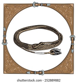 Cowboy calf rope in the western leather frame on white background. Vector