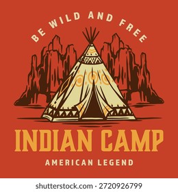 Un campamento de vaqueros se instala en una zona escarpada entre las montañas. Un tipi sobresale en primer plano. Este lugar refleja la vida en el salvaje oeste.