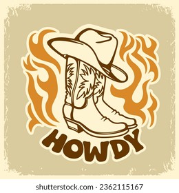 Cowboy card vector on old paper texture with cowboy boots and hat graphic illustration. Wid West prit art illustration with howdy text