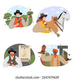 Juego de escenas de vectores planos del personaje de dibujos animados Cowboy