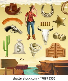 Cowboy cartoon character and objects. Western adventure 3d vector icon set