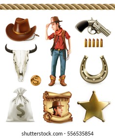 Cowboy cartoon character and objects. Western adventure 3d vector icon set