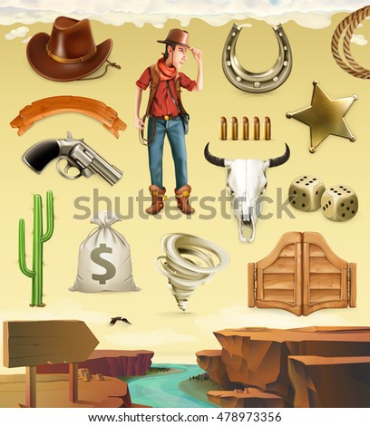 Cowboy cartoon character and objects. Western adventure 3d vector icon set