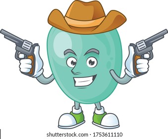 A cowboy cartoon character of staphylococcus aureus holding guns