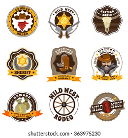 Cowboy cartoon labels set with Wild West and rodeo symbols isolated vector illustration 