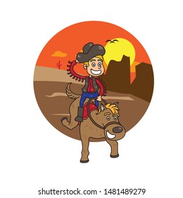 Cowboy cartoon riding horse with desert background, vector illustration