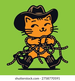 cowboy, cat, drawing, illustration, vector, character, orange, boot, rope, hat, funny, animal, handdrawn, cartoon, stickers, burger, happy, expression, kitten, pussy, ginger, fun, baby, cute, pet, art