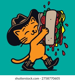 cowboy, cat, drawing, illustration, vector, character, orange, boot, rope, hat, funny, animal, handdrawn, cartoon, stickers, burger, happy, expression, kitten, pussy, ginger, fun, baby, cute, pet, art