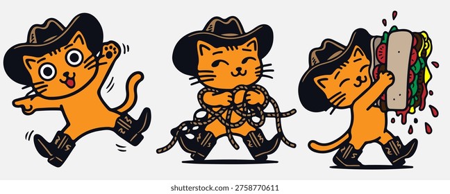 cowboy, cat, drawing, illustration, vector, character, orange, boot, rope, hat, funny, animal, handdrawn, cartoon, stickers, burger, happy, expression, kitten, pussy, ginger, fun, baby, cute, pet, art
