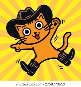 cowboy, cat, drawing, illustration, vector, character, orange, boot, rope, hat, funny, animal, handdrawn, cartoon, stickers, burger, happy, expression, kitten, pussy, ginger, fun, baby, cute, pet, art
