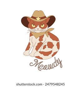 Cowboy cat Western sheriff vector illustration. Howdy cat pre-made card