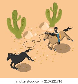 Cowboy catching horse isometric 3d vector concept for banner, website, illustration, landing page, flyer, etc.