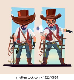 Cowboy character design on two poses. shooting concept - vector illustration