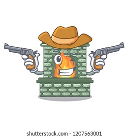Cowboy character fireplace with red brick inside