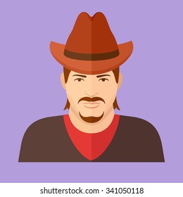 Cowboy character. Man face flat icon.