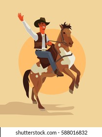 Cowboy character ride horse. Vector flat cartoon illustration