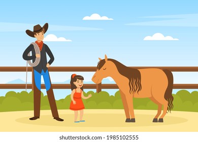 Cowboy Character Working on Farm, Male Farmer and Cute Little Girl Caring for Pony Horse on Summer Landscape Vector Illustration