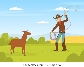 Cowboy Character Working on Farm, Male Farmer Following Goat with Lasso Vector Illustration