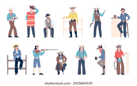 Cowboy characters. Wild west style male character. Western heroes wear hats and costumes. Traditional texas fashion, flat recent vector set