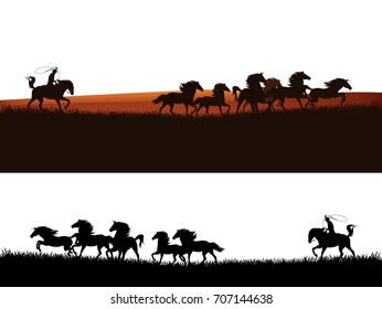 cowboy chasing the herd of mustang horses - wild west vector silhouette panoramic design