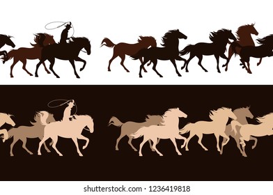cowboy chasing a herd of wild mustang horses - horizontally seamless vector border design