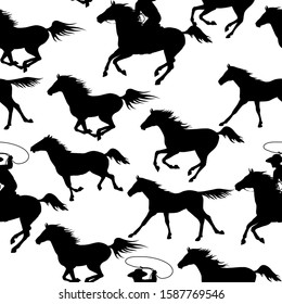 Cowboy chasing a herd of wild mustang horses. Vintage seamless backgrounds with wild horses. Illustration for wallpaper, textile printing, wrapping paper.