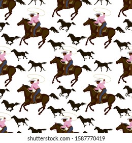 Cowboy chasing a herd of wild mustang horses. Vintage seamless backgrounds with wild horses. Vector illustration for wallpaper, textile printing, wrapping paper.