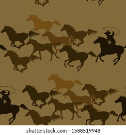 Cowboy chasing a herd of wild mustang horses. Vintage seamless backgrounds with wild horses. Vector illustration for wallpaper, textile printing, wrapping paper.