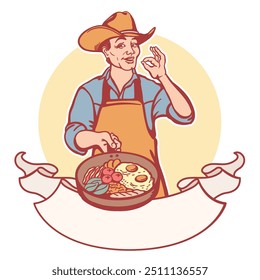 Cowboy Chef cozinhar alimentos Label ilustração vetorial com rolagem para texto isolado no fundo branco para design. Homens de verdade cozinham símbolo.