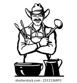 Cowboy Chef cooking traditional food. Cowboy with western hat hold ladle vector illustration isolated on white background for Cookbook design