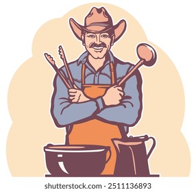 Cowboy Chef cooking traditional food. Smiling cowboy with western hat hold ladle colors vector illustration isolated on white background printable for Cookbook design