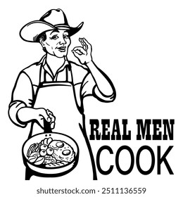 Cowboy Chef in the kitchen cooking traditional food. Cowboy with western hat vector illustration isolated on white background for Cookbook design. Real men cook