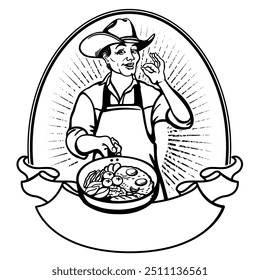 Cowboy Chef label cooking food vector graphic illustration with scroll for text isolated on white background for design. Real men cook symbol