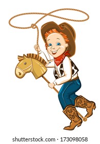 Cowboy Child With Lasso And Toy Horse.Vector Happy Boy Illustration