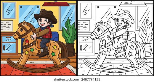 Cowboy Child on a Rocking Horse Toy Illustration