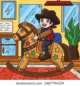 Cowboy Child on Rocking Horse Toy Colored Cartoon 