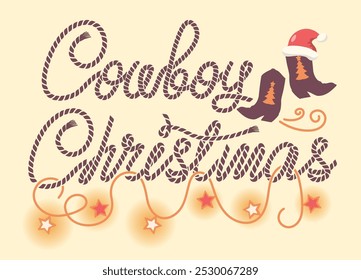 Cowboy Christmas background with Cowboy boots and rope text on vintage old paper background. This design captures the spirit of country style Christmas vintage card background.