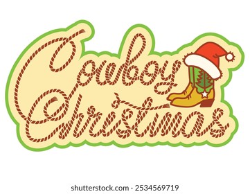 Fondo de Navidades de vaquero con botas de vaquero y texto de cuerda sobre fondo de papel antiguo vintage. Este diseño captura el espíritu de las Navidades de estilo campestre de fondo de tarjeta vintage