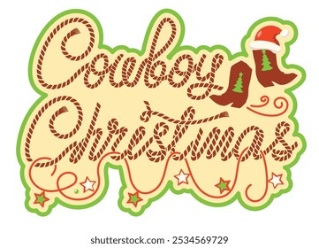 Cowboy Christmas background with Cowboy boots and rope text on vintage old paper background. This design captures the spirit of country style Christmas vintage card background