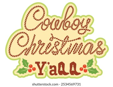 Cowboy Christmas background with Cowboy boots and rope text on vintage old paper background. This design captures the spirit of country style Christmas vintage card background