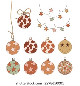 Cowboy Christmas ball vector clip-art set isolated on white. Western Christmassy decor illustration collection. Howdy Xmas decoration design element.